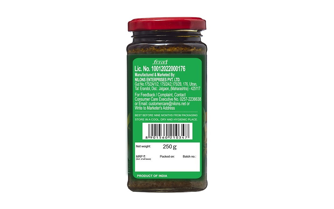 Nilon's Dhaniya Pudina Sandwich Chutney   Glass Jar  250 grams